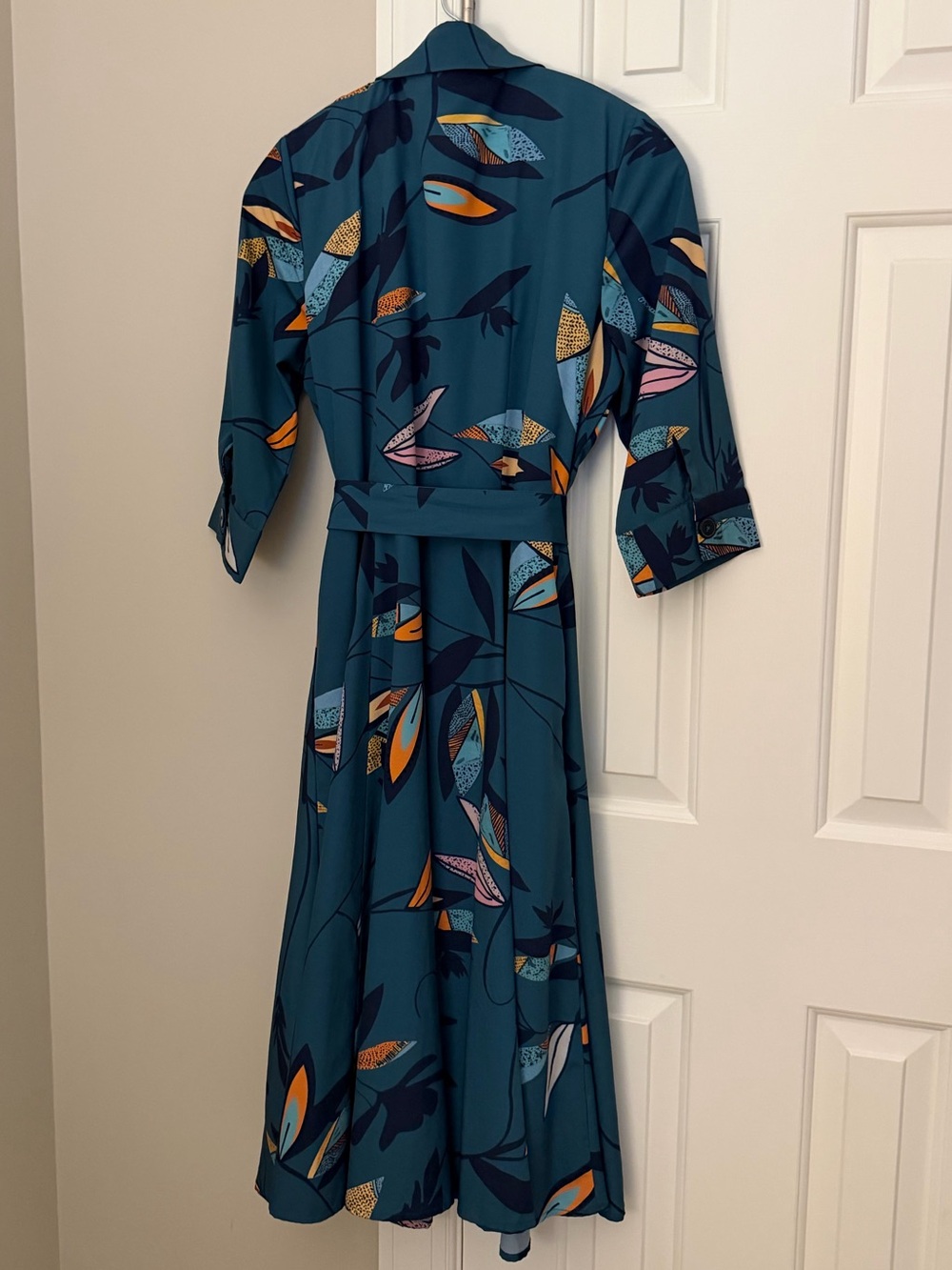 eshakti Teal Floral Print Midi Shirt Dress with Tie Waist - Picture 3 of 6